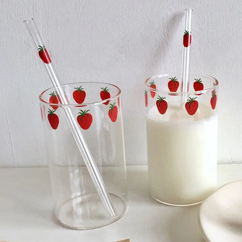 Gobelet verre paille motif fraise resistant chaleur 300ml