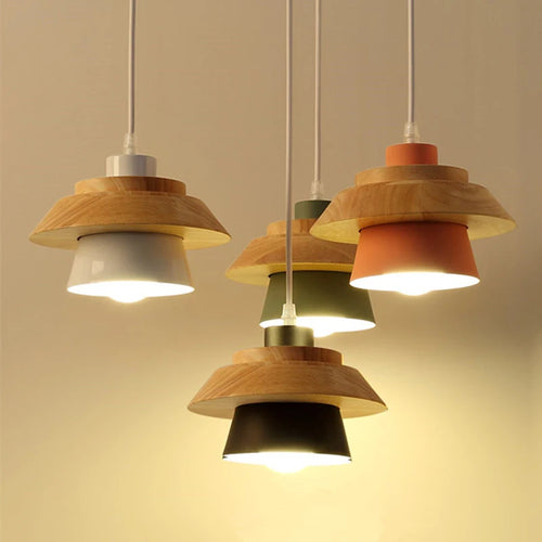 Sweet Home Macaron couleur LED fer bois Suspension Luminaire Lustre suspendu lumières intérieur Lustre lampes plafond décoration