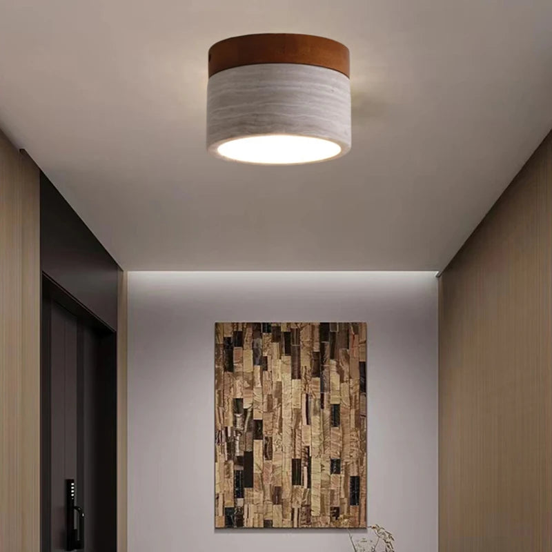 plafonnier minimaliste en marbre naturel et bois foncé - vue 4 sur 7