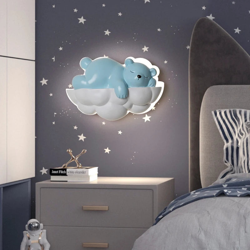 Ours polaire lumière dessin animé enfants appliques murales pour chevet télécommande gradation chambre lampe de nuit pour chambre d'enfant princesse