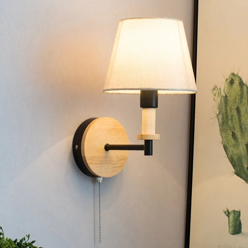 Applique Murale LED  Nordique Bois Massif et abat-jour en Tissu