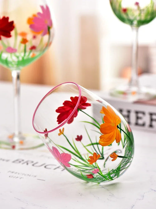 verres a vin motif floral artisanal lot trois