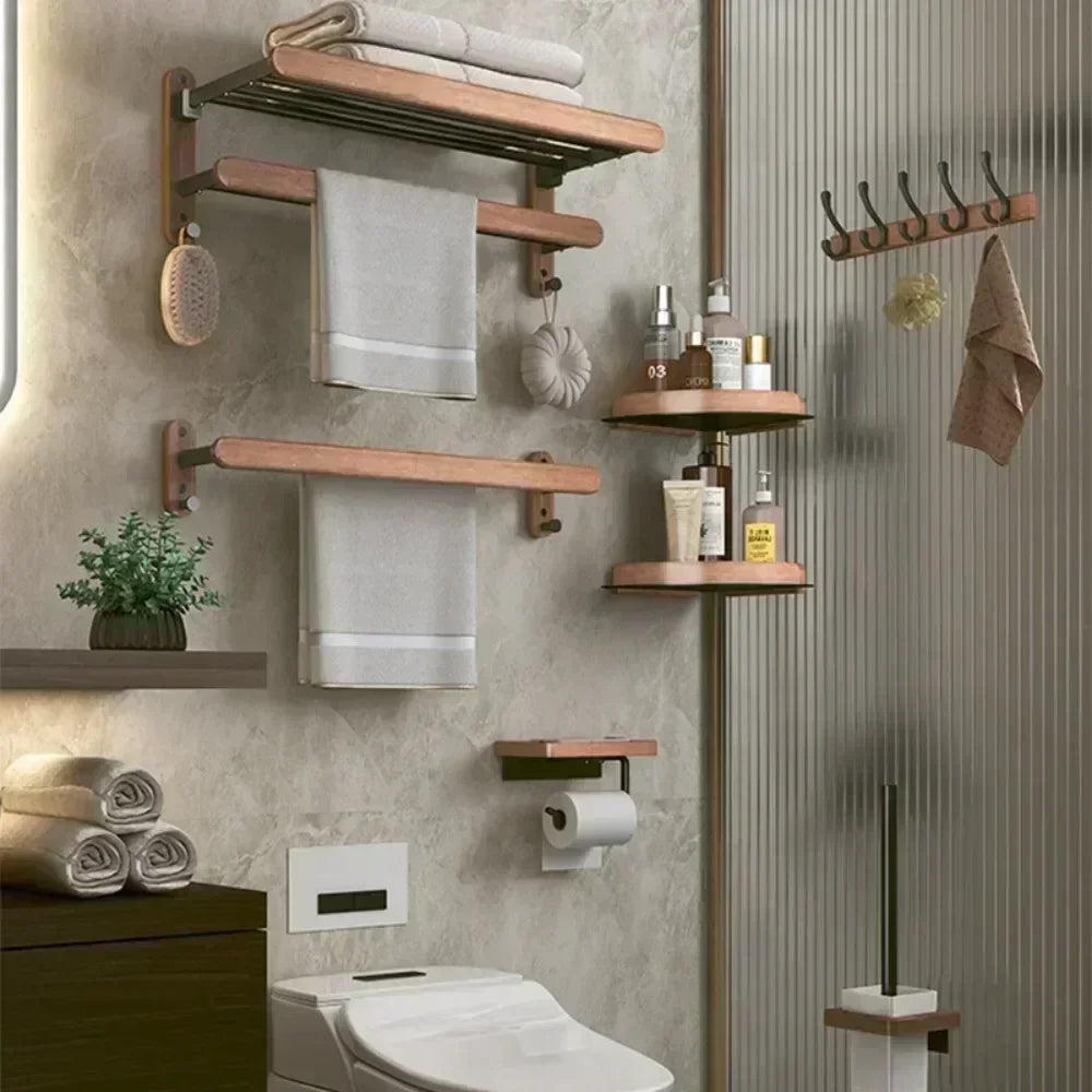 porte-serviettes en bois et aluminium organisateur mural pour accessoires de douche - vue 4 sur 16