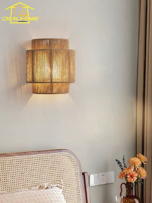applique murale japonaise rétro en rotin tissé pour intérieur moderne - vue 6 sur 6