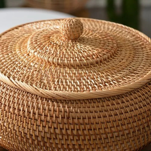 Panier boîtes rondes en rotin avec couvercle pour rangement polyvalent - vue 5 sur 6