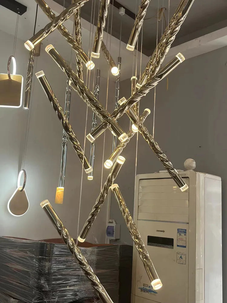 lustre double escalier spirale led moderne grand cylindre