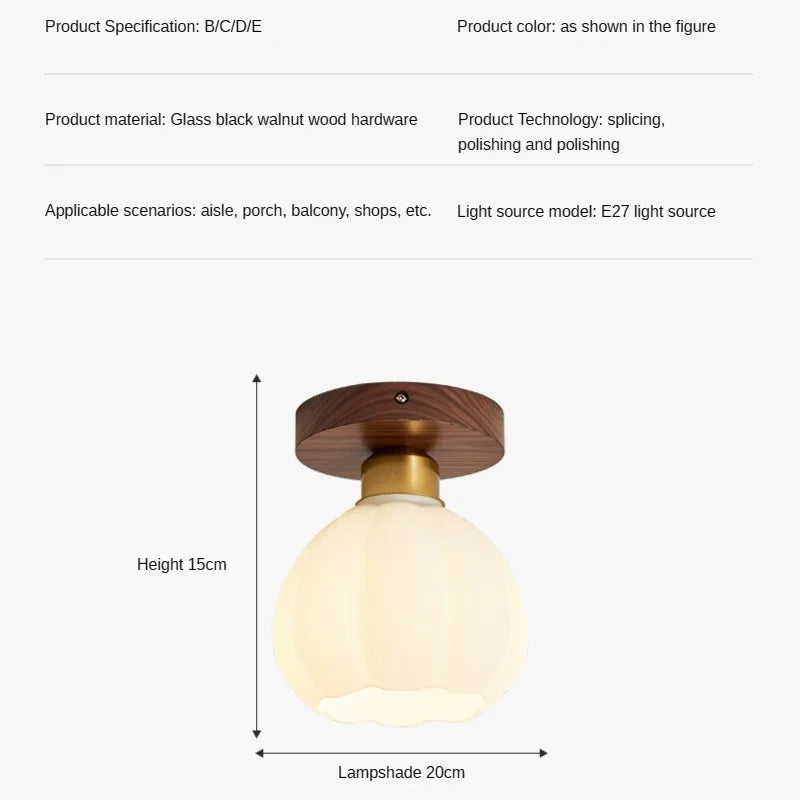 plafonnier vintage simple en verre et noyer pour éclairage domestique - vue 6 sur 11