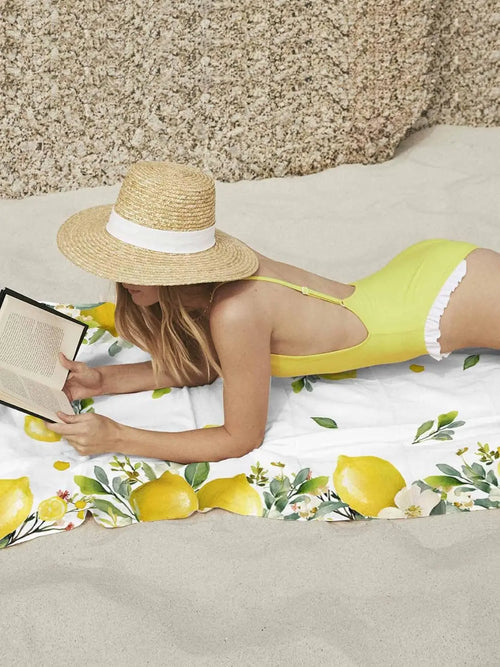 Serviette de plage microfibre citron motif floral été - vue 5 sur 6