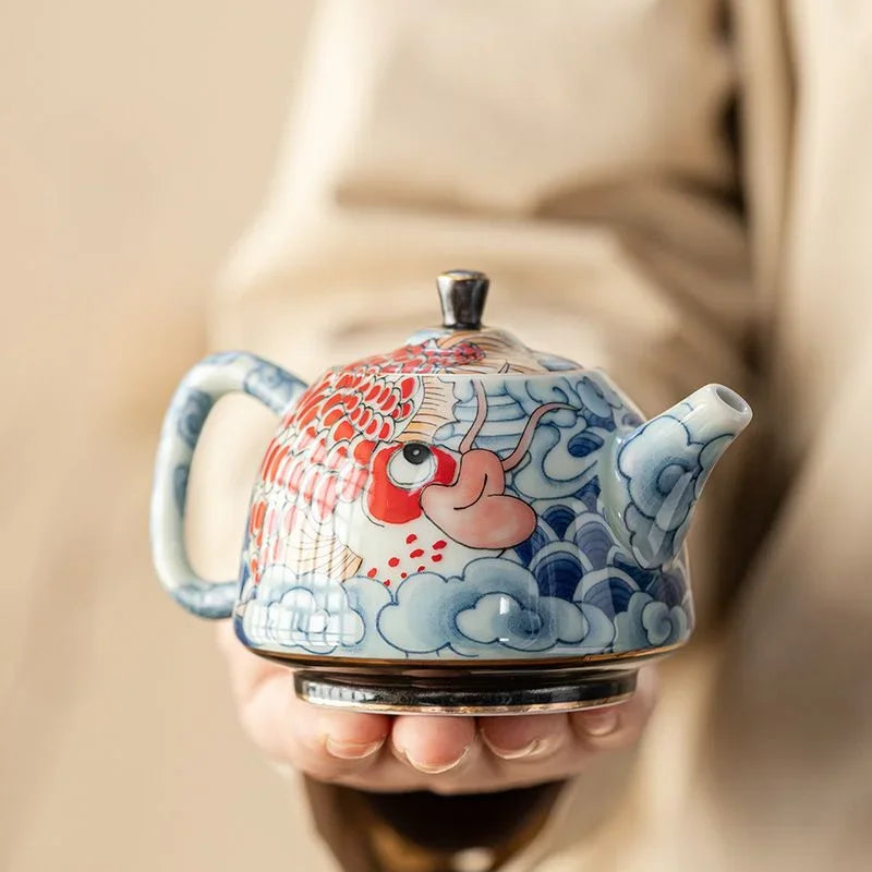 Théière chinoise porcelaine décor sous couverte infuseur - vue 2 sur 7