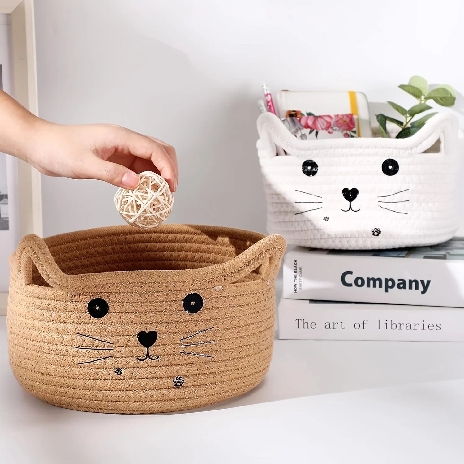 paniers de rangement en coton tissé tête de chat pour bureau et maison - vue 4 sur 11