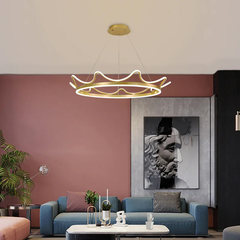 Nordique moderne LED or rose en acier inoxydable suspension bande couronne forme anneau lustre bébé enfants chambre plafonnier