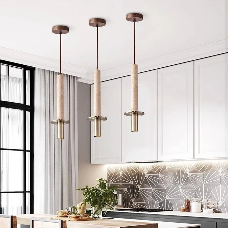 suspension cylindrique en marbre et métal doré pour intérieur moderne - vue 3 sur 7