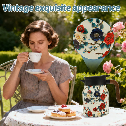 Théière isotherme vintage motif floral acier inox infuseur