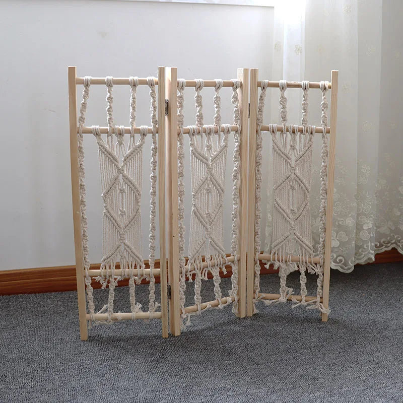 paravent bohème en bois massif tissé main décorations japonaises et coréennes - vue 3 sur 6