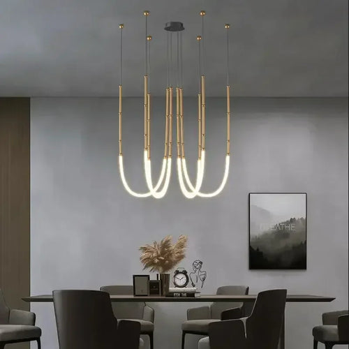 lustre moderne en bambou fer et silicone avec lumières led - vue 3 sur 17
