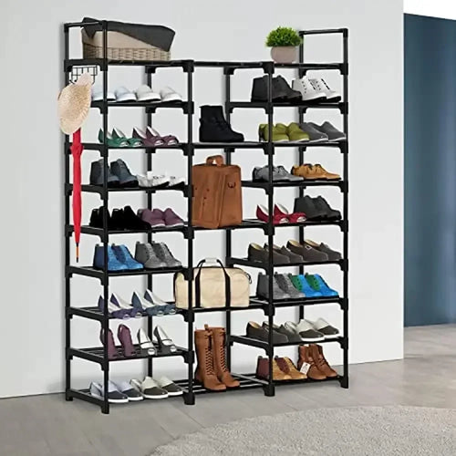 étagère à chaussures en métal double rangée avec crochets polyvalente - vue 5 sur 9