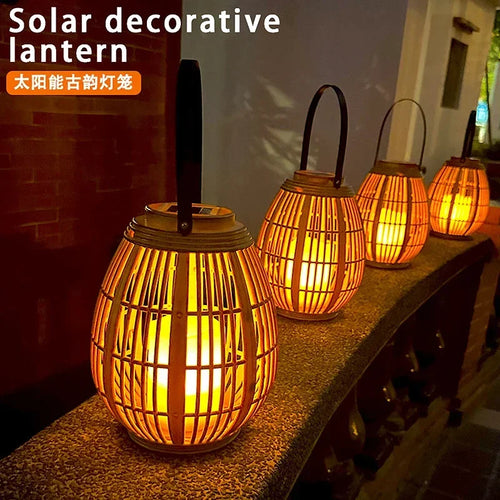 lanterne solaire en rotin pour jardin et balcon décorative - vue 2 sur 6