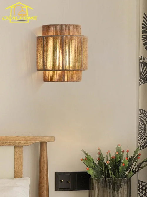 applique murale japonaise rétro en rotin tissé pour intérieur moderne - vue 3 sur 6
