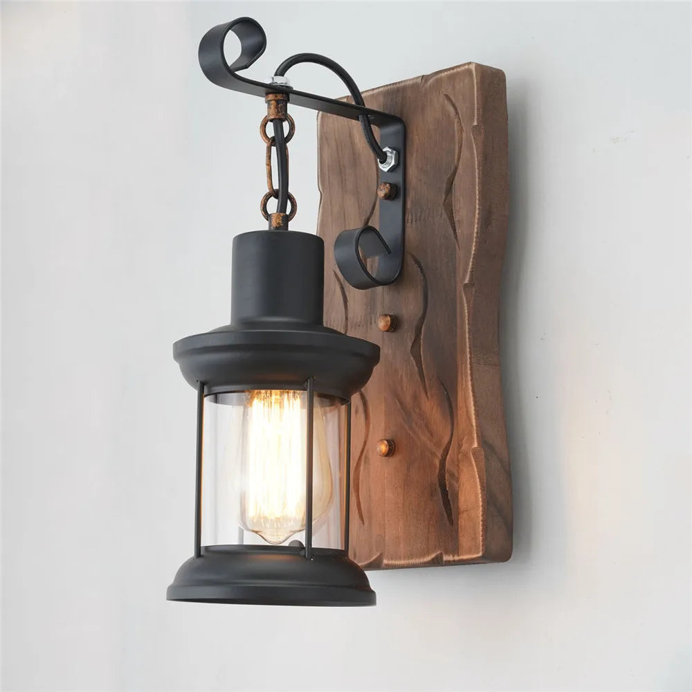 applique murale industrielle vintage en bois avec abat-jour en métal et verre - vue 4 sur 19