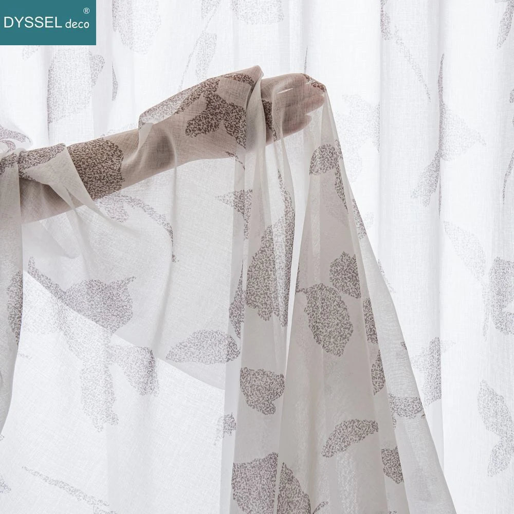 Voilage texture lin motif feuilles erable style champetre - vue 5 sur 6