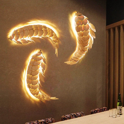 applique murale Créatif à la main Style chinois bois poisson brillante LED 12W salon chevet escalier éclairage décor - vue 2 sur 7