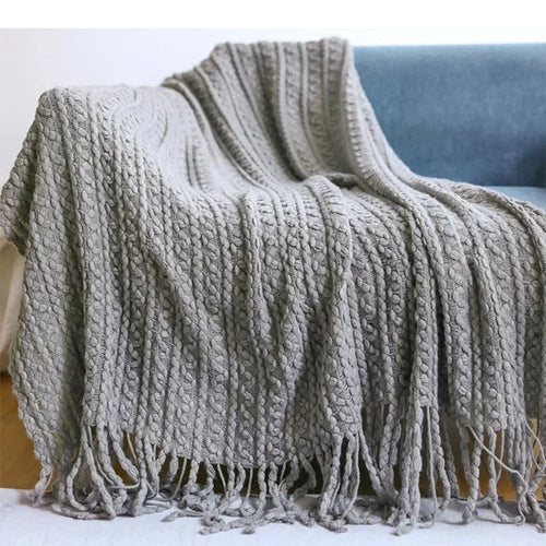 Plaid nordique carreaux style boheme doux pompons - vue 5 sur 7