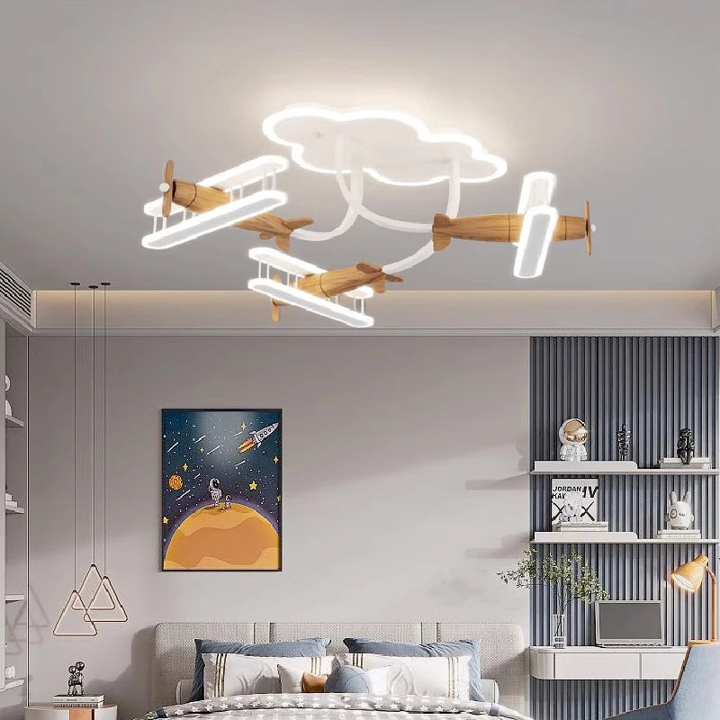 Lustre Suspension Avion Rétro Pour Chambre Enfant - Luminaire LED 87W, Design Cartoon Gris