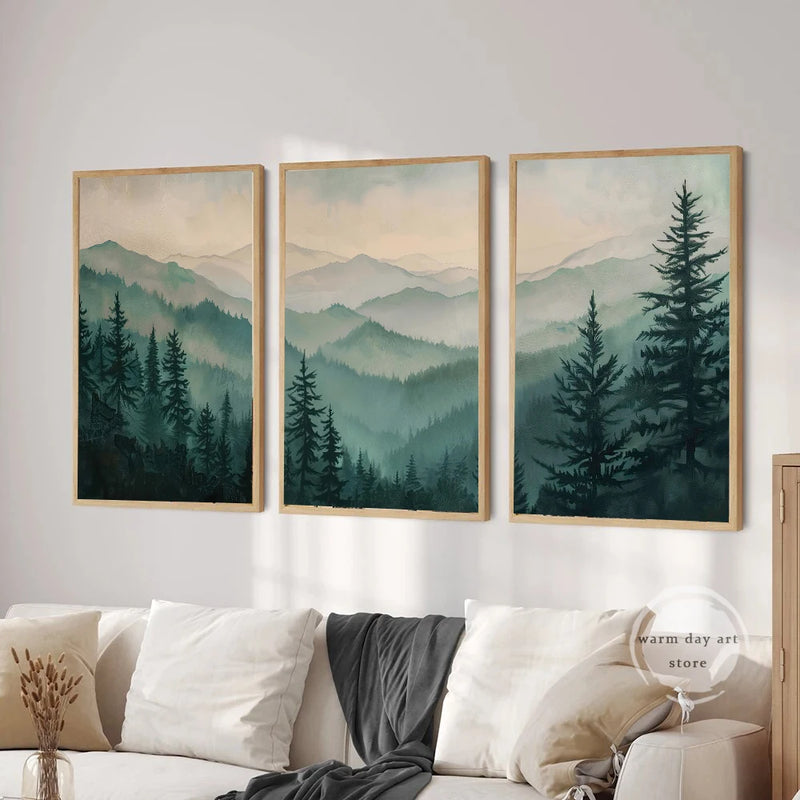 affiche aquarelle paysage de forêt de pins décor mural naturel