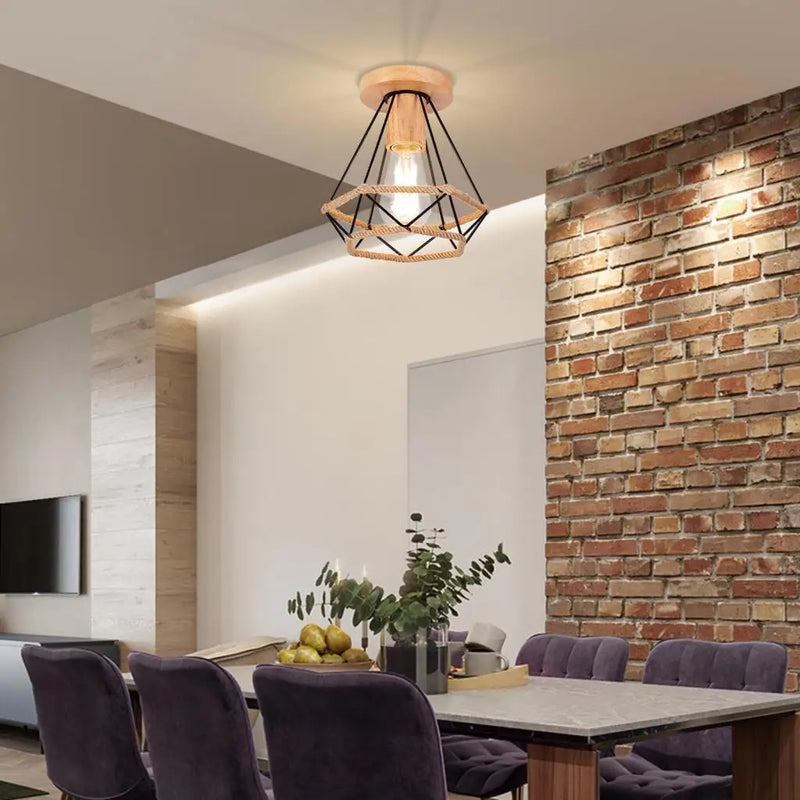 Plafonnier rétro en métal avec Cage en fer et corde de chanvre pour intérieur d'allée