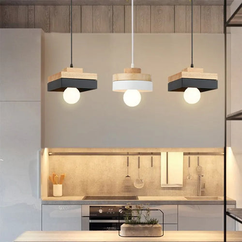Nordique LED suspension en bois fer 18CM carré salon luminaire suspendu pour chambre salle à manger étude décor à la maison Luminaires