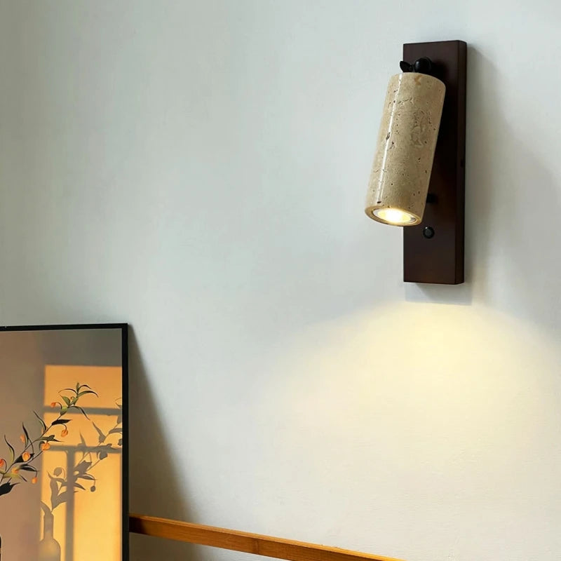 applique murale en pierre et bois avec interrupteur et ampoule ronde - vue 4 sur 10