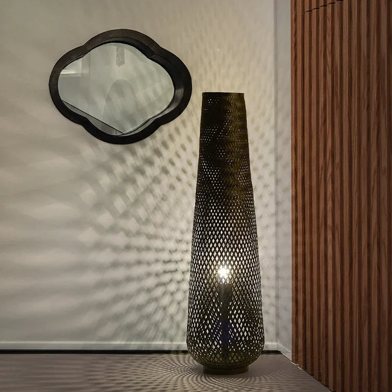 lampadaire cylindrique en bois et osier rétro tissé en bambou - vue 6 sur 9