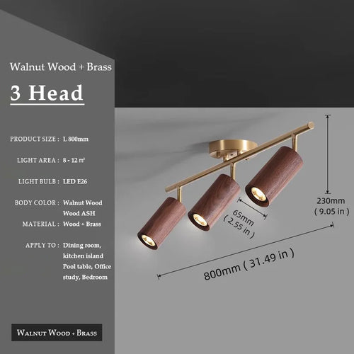 Walnut Wood Brass Spotlight Ceiling Light Fixture, Living Room Light for Dining Room, Kitchen Island, Corridor aisle, bedroom - vue 13 sur 14