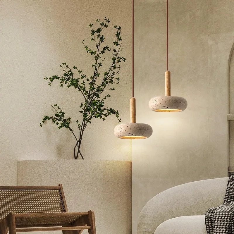 Suspension LED en pierre et bois moderne chevet japonais