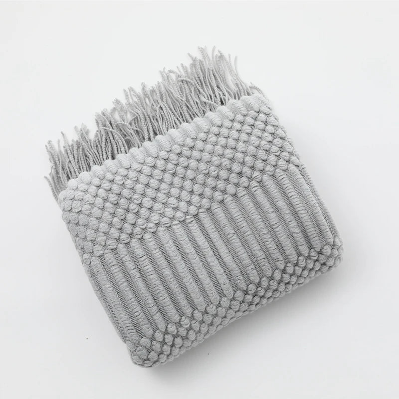 plaid tricot acrylique léger avec pompons pour canapé