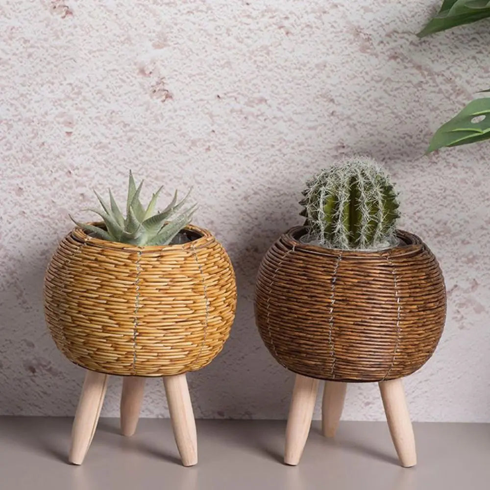 pot de fleurs rotin tressé créatif avec pieds amovibles et support durable