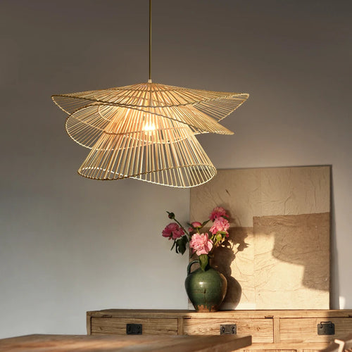 lustre led en bambou rotin créatif pour décoration maison - vue 2 sur 9
