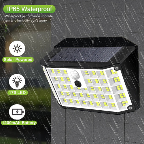 Lumières extérieures solaires 176 LED lumières d'inondation de capteur de mouvement actionnées solaires IP65 imperméabilisent la lampe de mur de 3 Modes pour la cour extérieure de porche - vue 4 sur 10