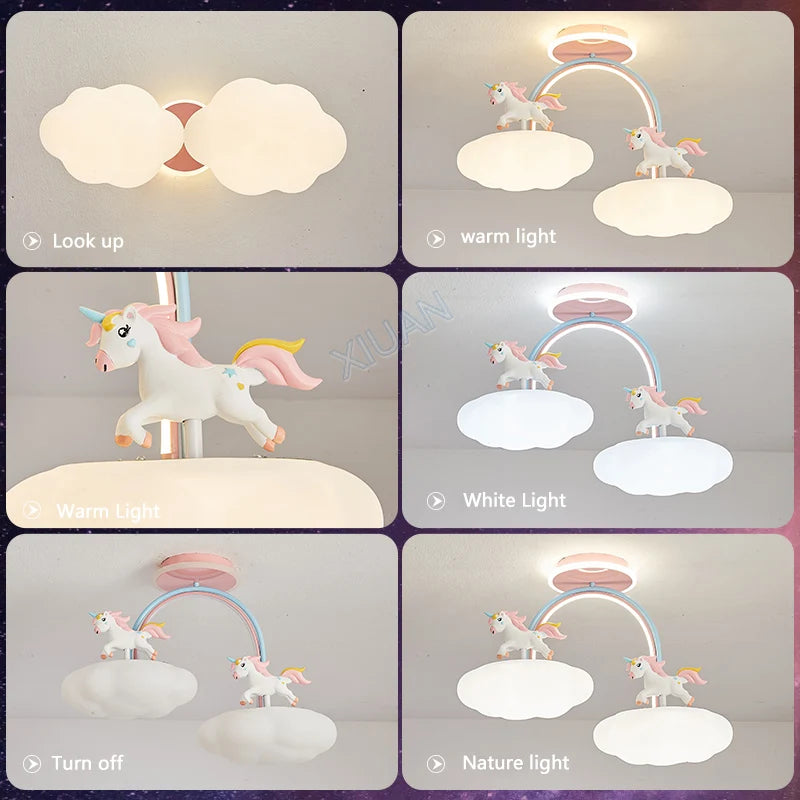 Dessin animé licorne lumière chambre d'enfant plafonnier avec télécommande nuage princesse chambre rose lustre lumière spectre complet