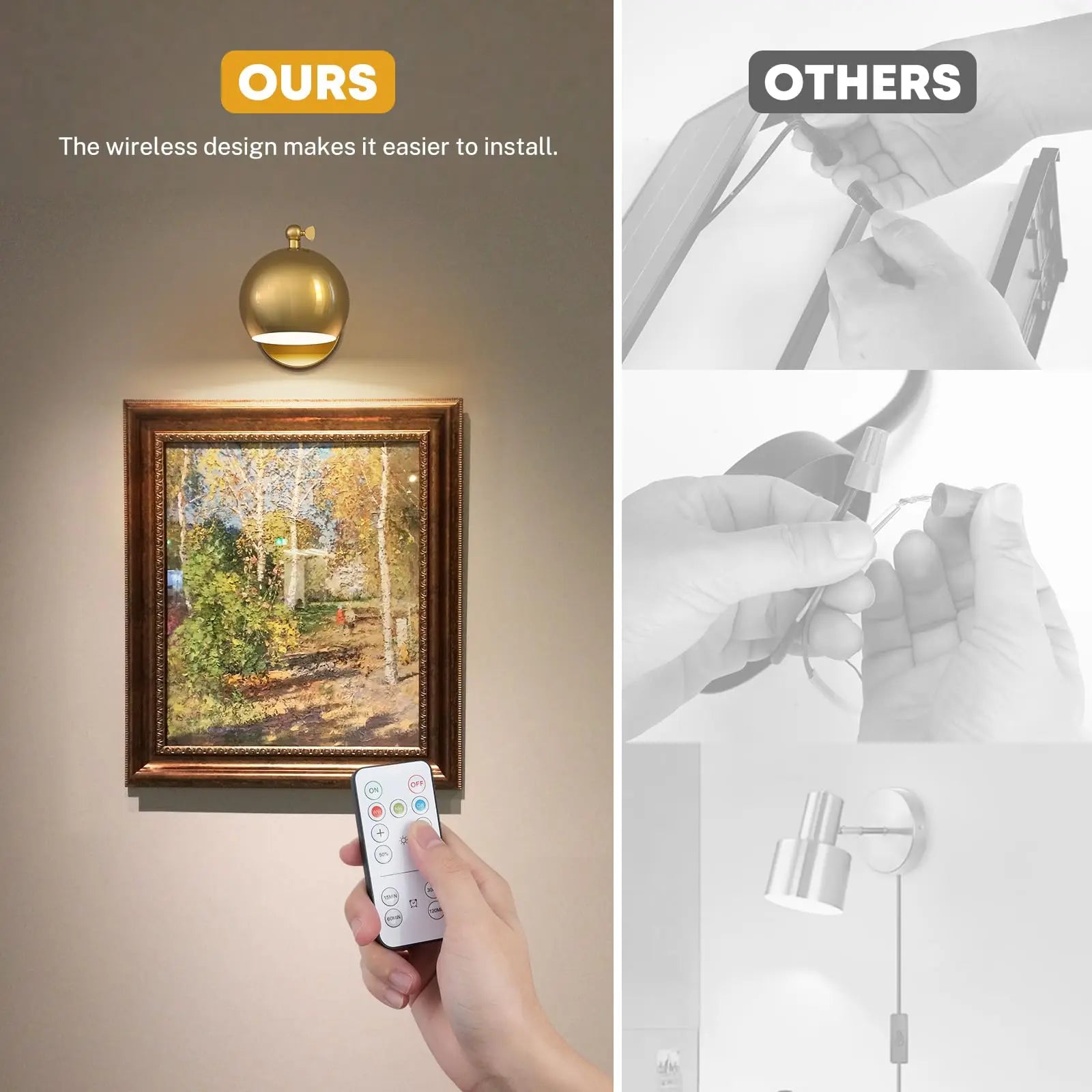 Gold Wall Sconces Battery Operated, Not Hardwired Dimmable, Battery Wall Sconce Wireless Wall Lamp for Bedroom, Bulb Included - vue 3 sur 7