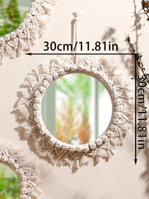 miroir suspendu en macramé décoratif avec pompons tissés - vue 11 sur 14