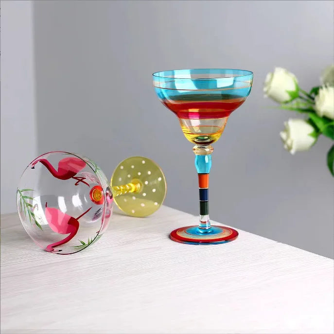 Verre cocktail margarita peint main motif flamant rayures - vue 4 sur 5