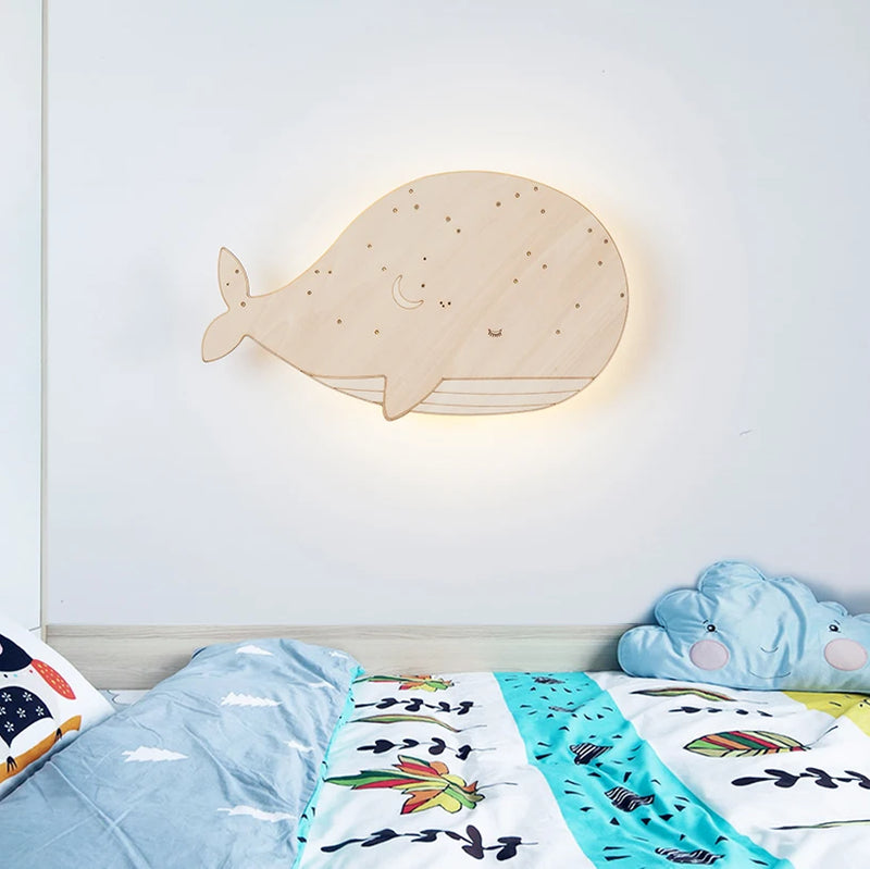 Applique murale led en bois en forme de baleine pour enfants