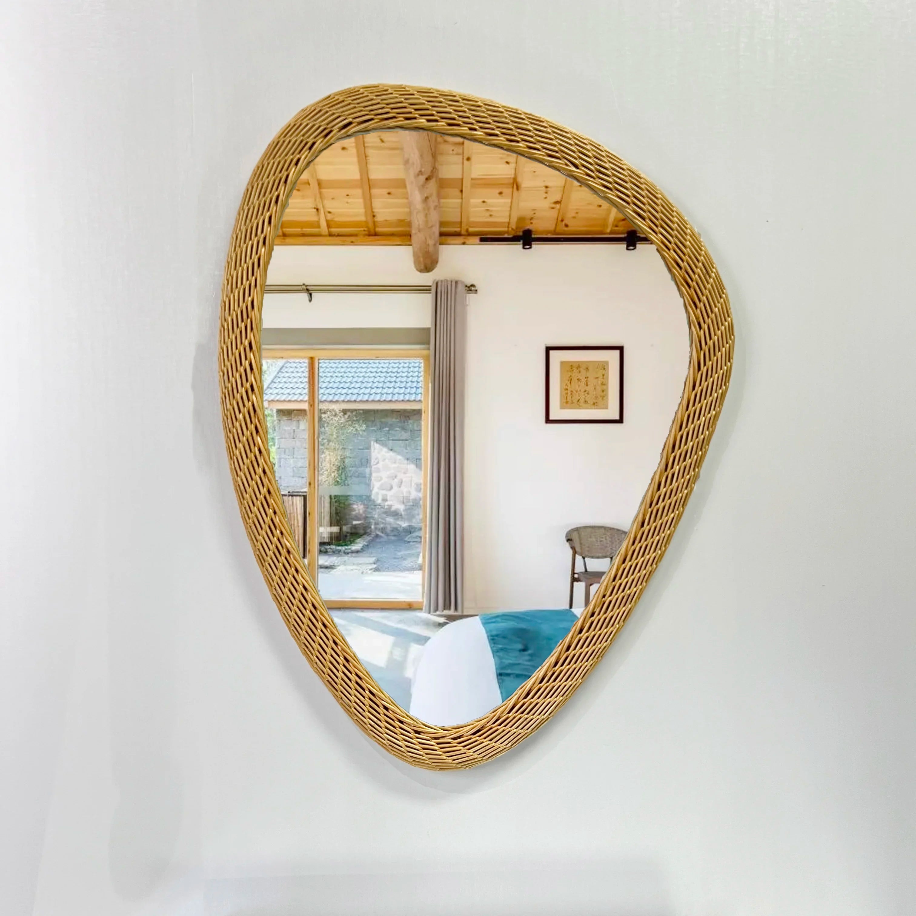 miroir bohème tissé en rotin fait main décoration artisanale - vue 2 sur 6