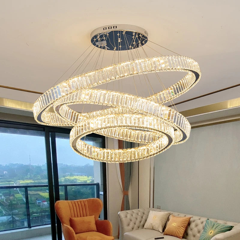 Lustre Dimmable En Cristal Moderne 3 Anneaux LED Plafonnier Réglable En Acier Inoxydable Suspension Luminaires Lumineux - Maison