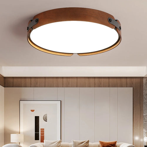 plafonnier en bois avec cuir artificiel et 3 ronds interchangeables créatif - vue 3 sur 9