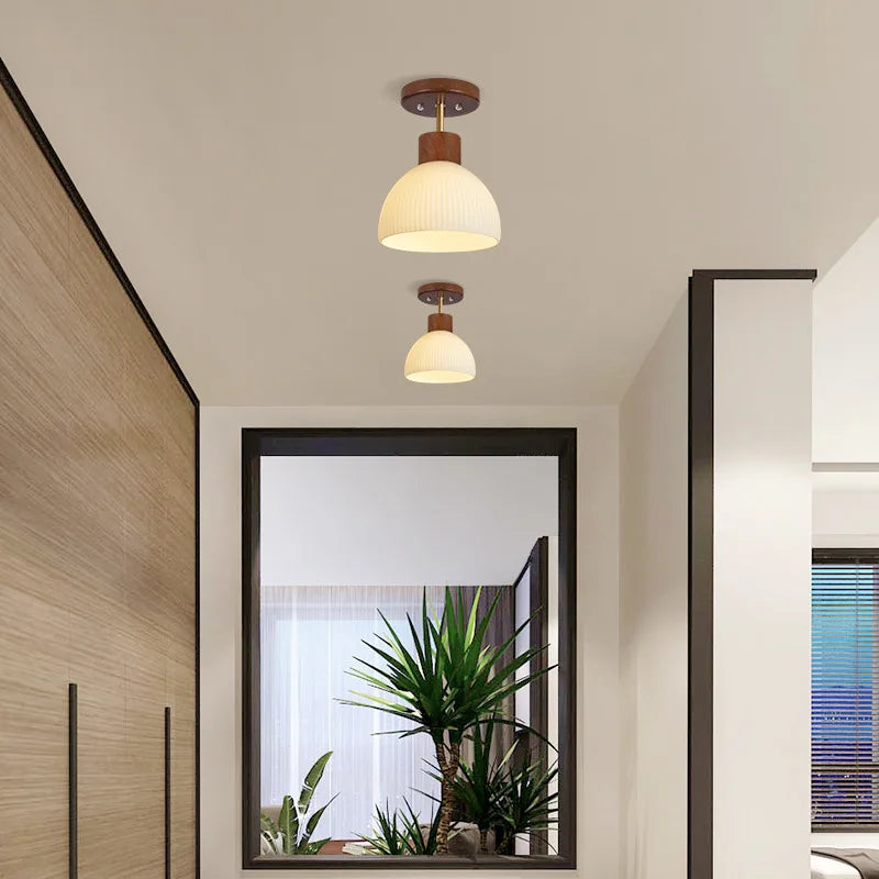 plafonnier nordique en bois et verre rayé design moderne luminaire décoratif