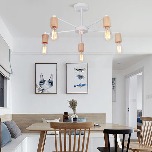 lustre industriel moderne avec tiges multiples en fer et bois - vue 4 sur 16