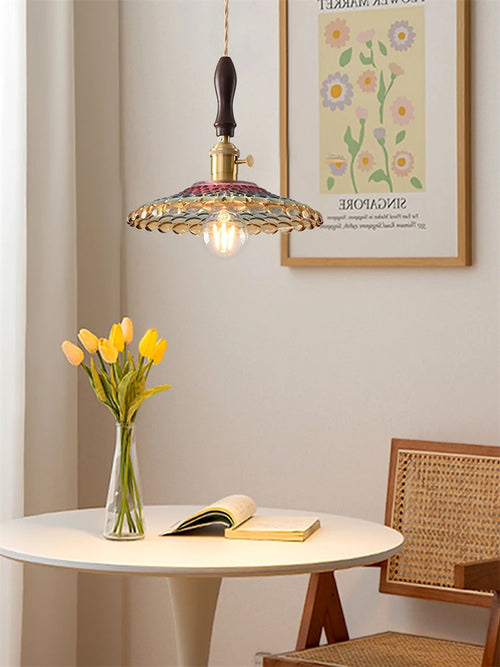 suspension moderne en laiton avec abat-jour rustique en verre de noyer - vue 4 sur 30