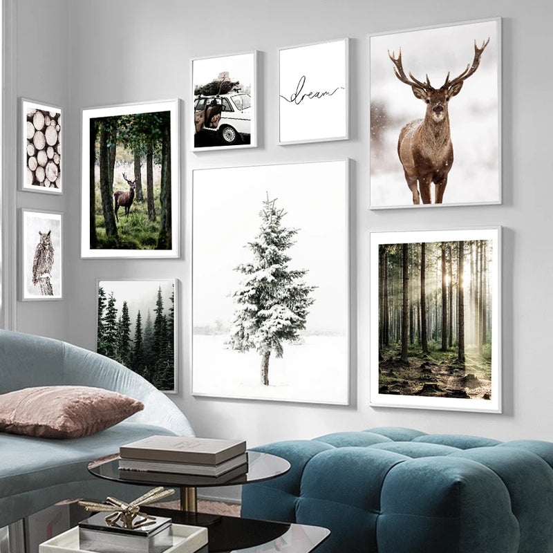 paysage nordique hiver cerf hibou lumière du soleil art mural